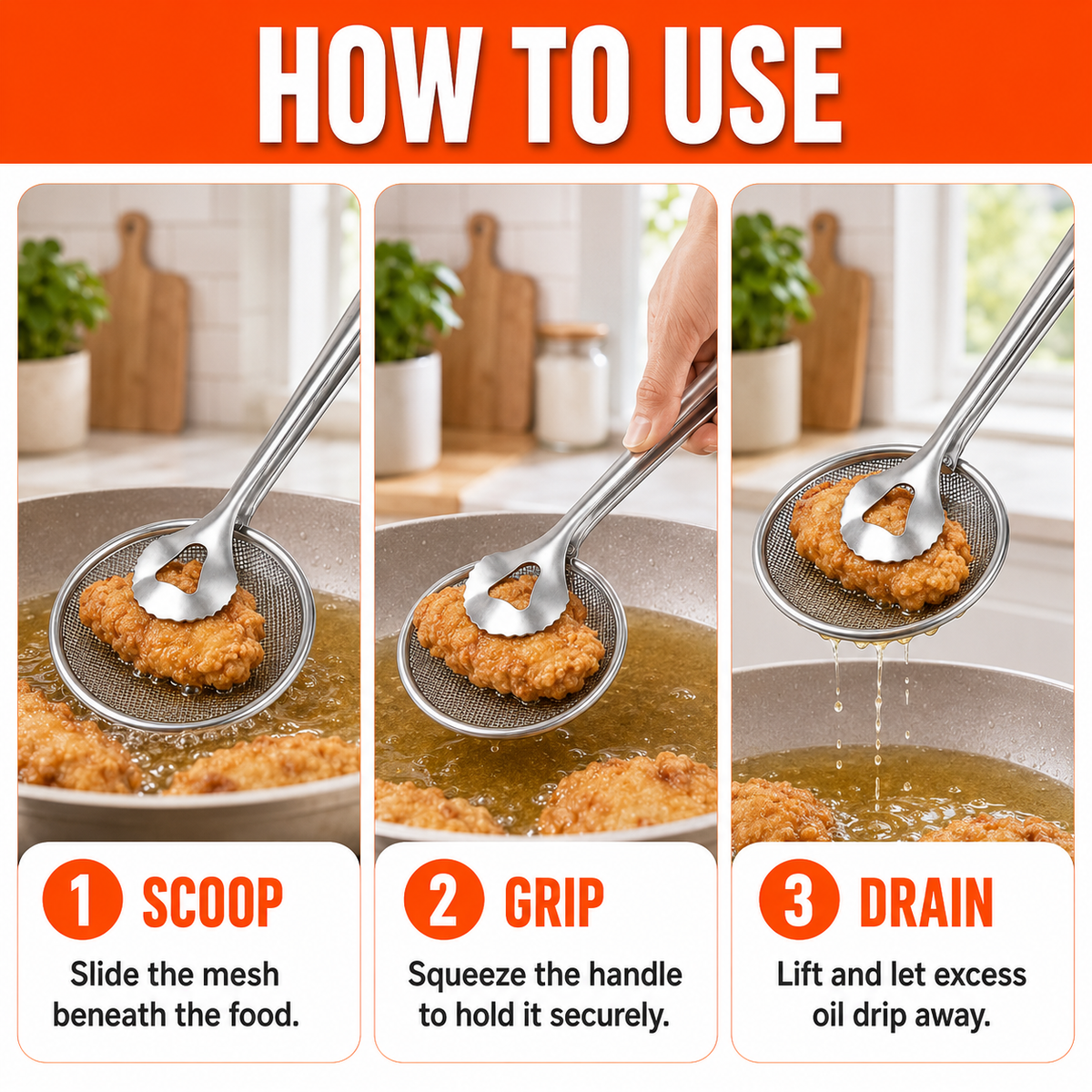 Frying Oil Filter Clamp Oil Spoon Oil Drain Food Clamp Kitchen Colander Stainless Steel Fried Food Oil Spoon Filter Mesh
