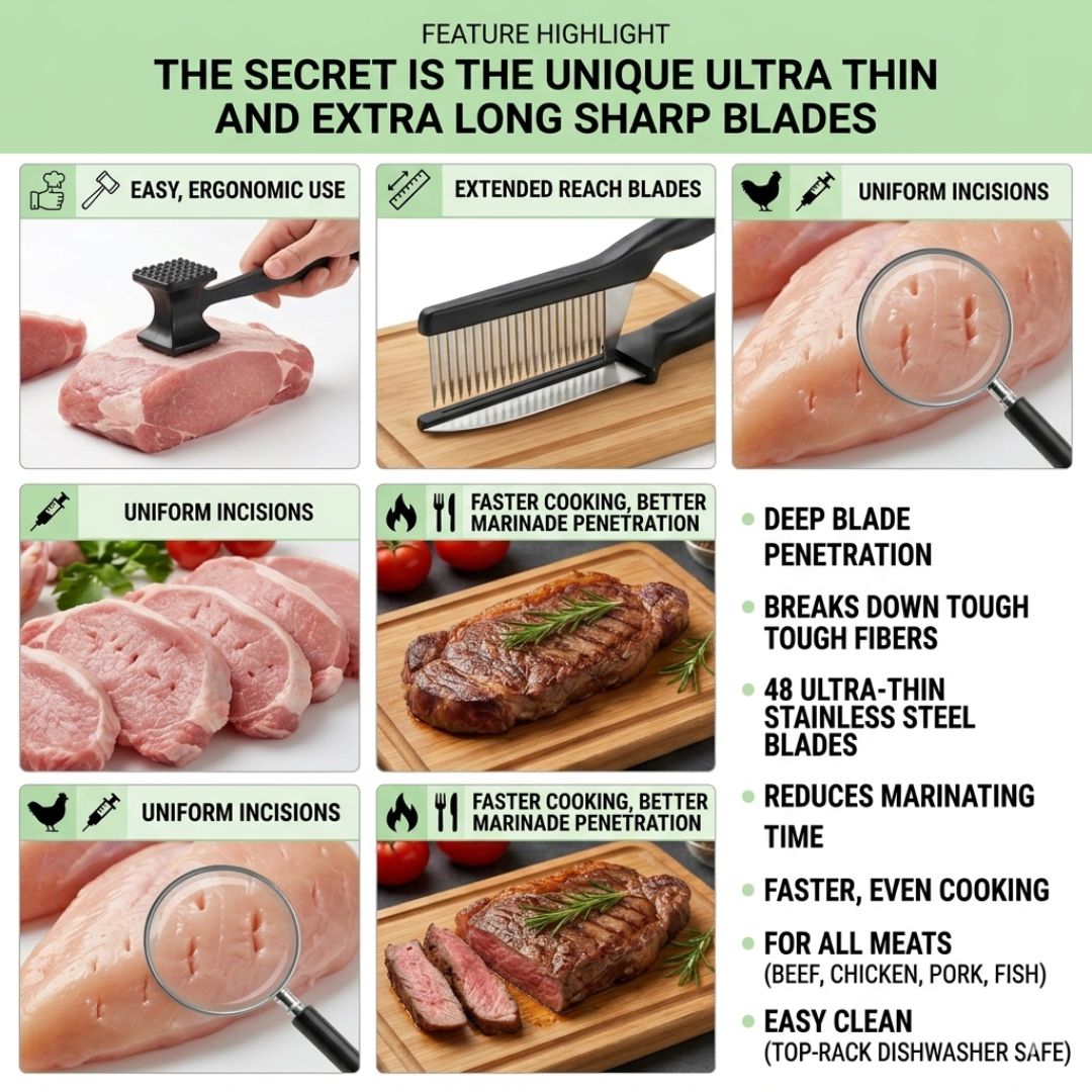 🥩 48-Needle Meat Tenderizer Tool | Stainless Steel Blade Tenderizer for Steak, Chicken & More — Professional Kitchen Grade