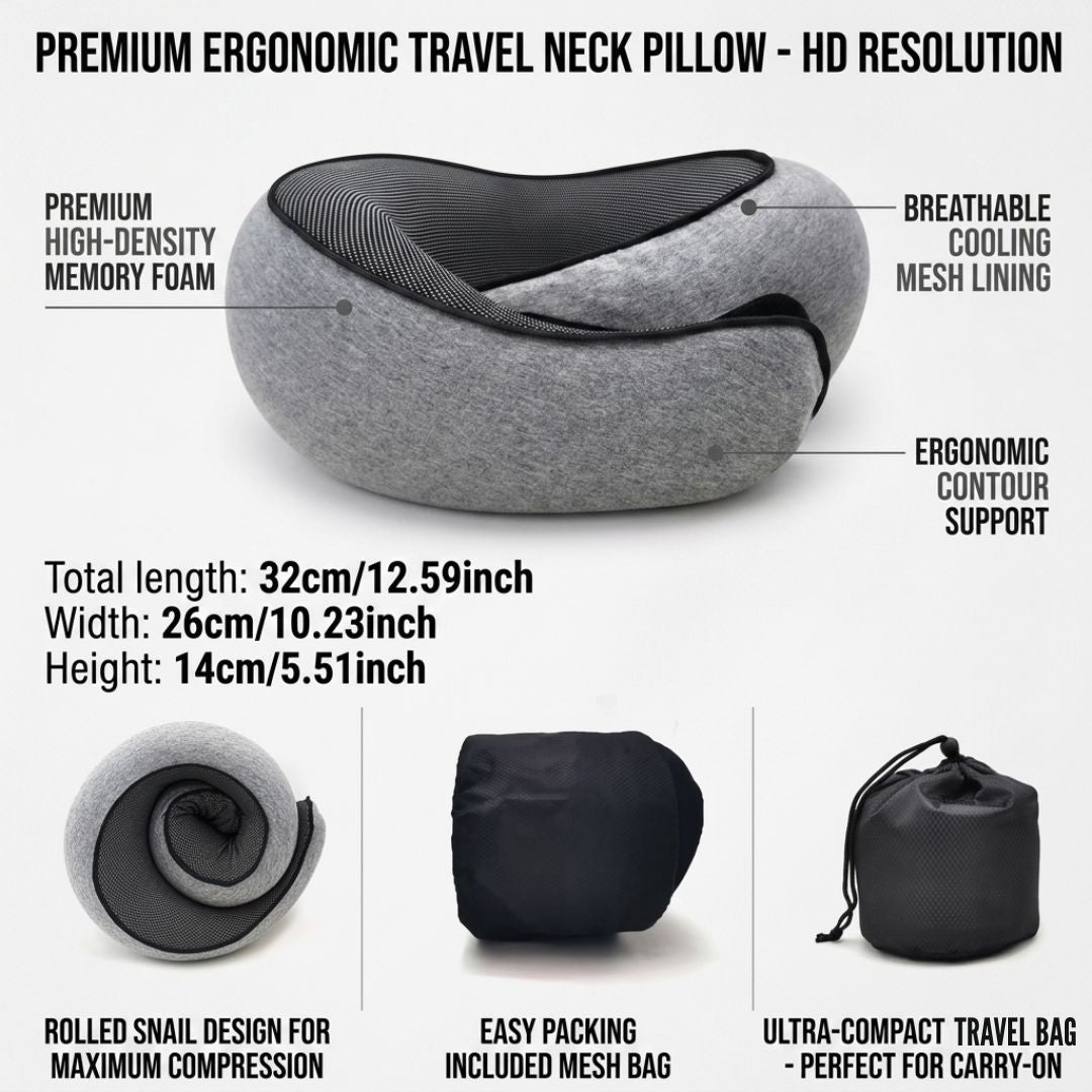 Compact Roll-Up Memory Foam Travel Neck Pillow With Storage Bag