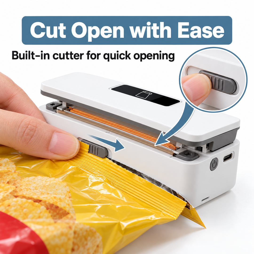2-in-1 Rechargeable Mini Heat Sealer & Cutter | Portable USB Bag Resealer for Snack Freshness & Kitchen Storage