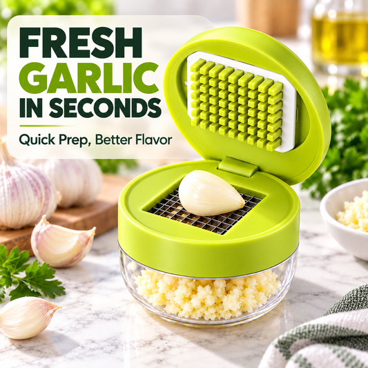 Compact Garlic Mincer Press with Stainless Steel Cutting Grid & Catch Bowl