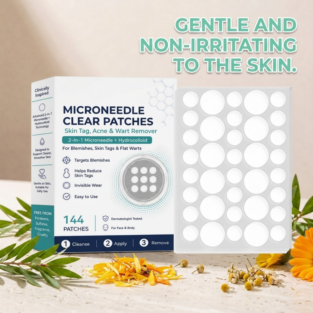 Flawless™ 3-in-1 Microneedle Clear Patches: Painless Skin Tag, Acne & Wart Remover (144 Count)
