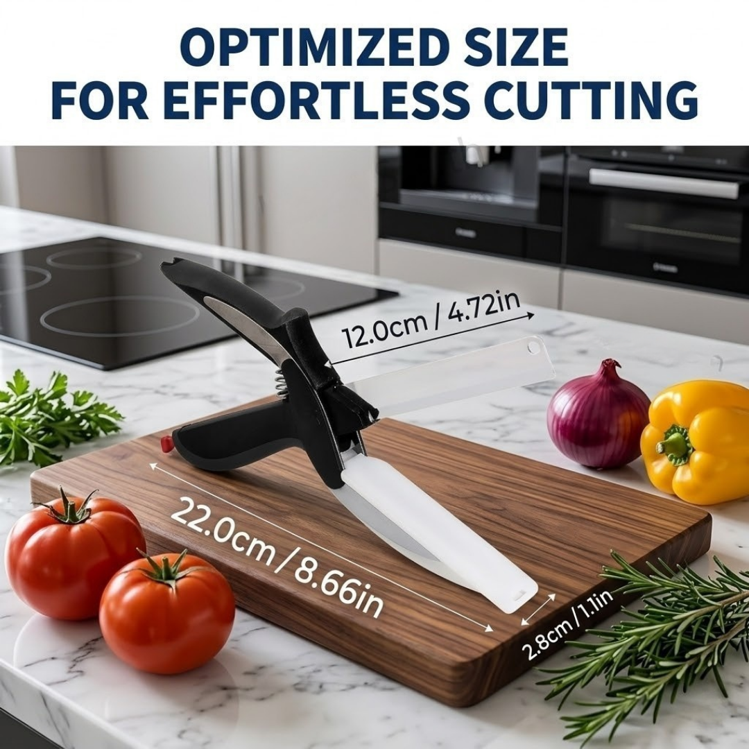 2-in-1 Smart Clever Cutter Food Chopper Kitchen Scissors with Built-In Cutting Board for Vegetables and Meat