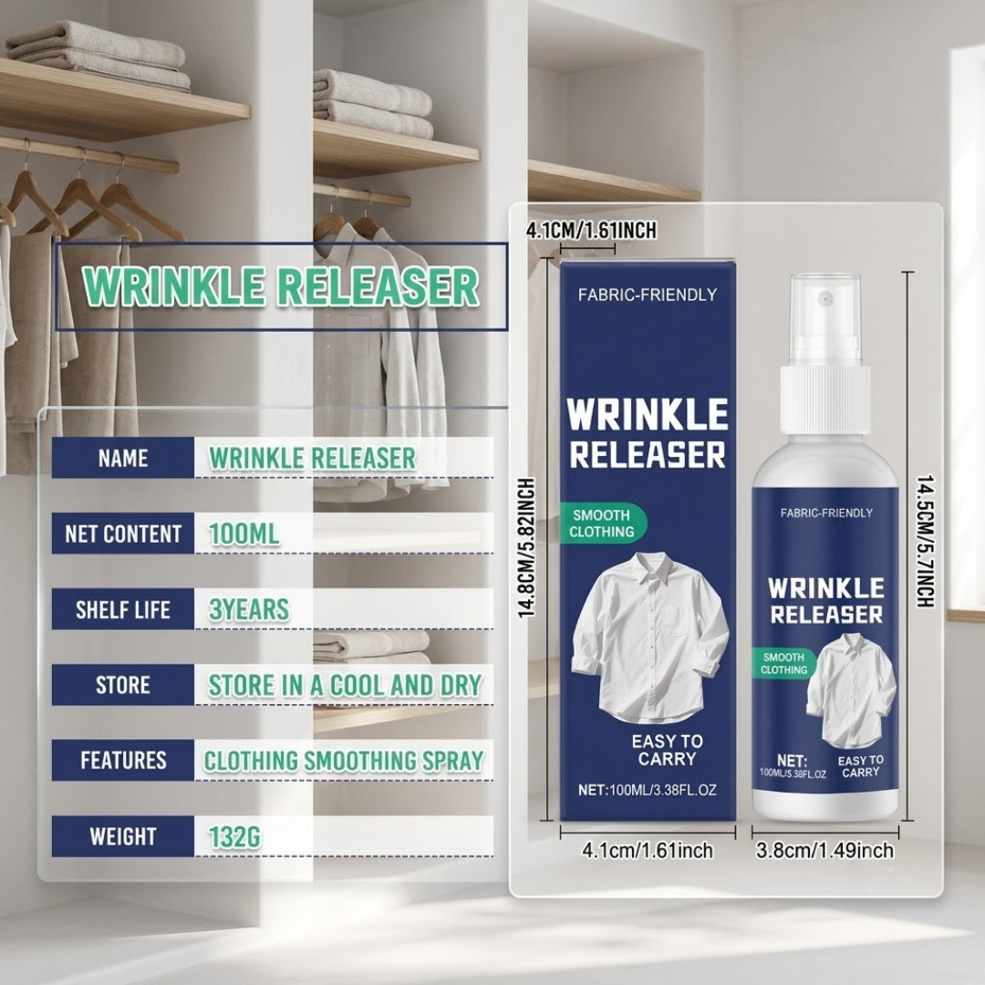 Magic Wrinkle Releaser Spray (100ml) | Instant Iron-Free Clothing Smoother & Anti-Static Mist | Travel-Friendly & Safe for All Fabrics