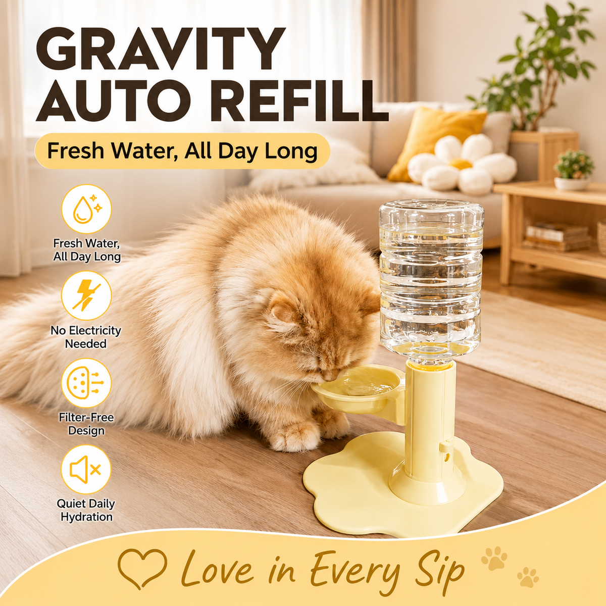 Gravity Cat Water Dispenser Stand, Spill-Proof, Filter-Free, No Electricity with a Bucket
