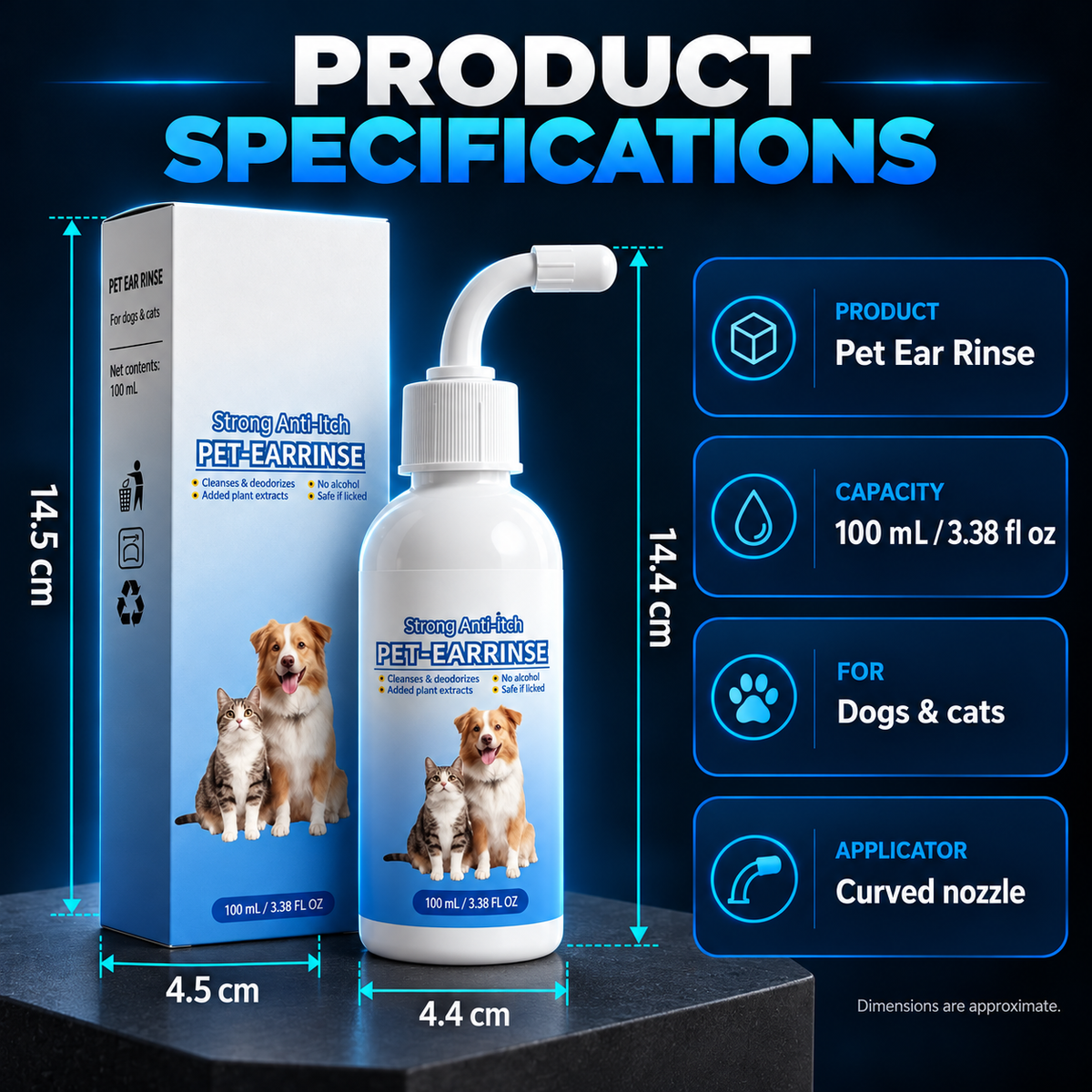 Gentle Pet Ear Cleaner Solution (100ml) | Plant-Based, Anti-Itch & Odor Relief for Dogs & Cats