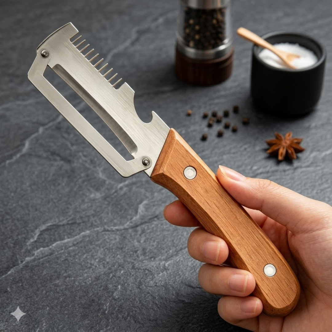 Ultimate 3-in-1 Stainless Steel Vegetable Peeler with Wooden Handle & Bottle Opener