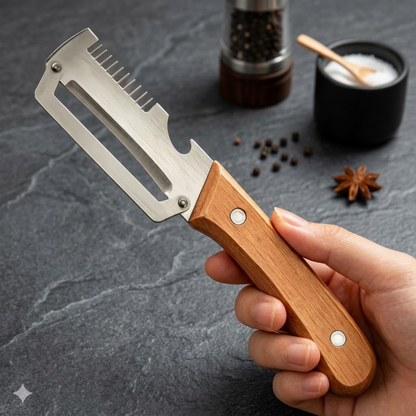 Ultimate 3-in-1 Stainless Steel Vegetable Peeler with Wooden Handle & Bottle Opener