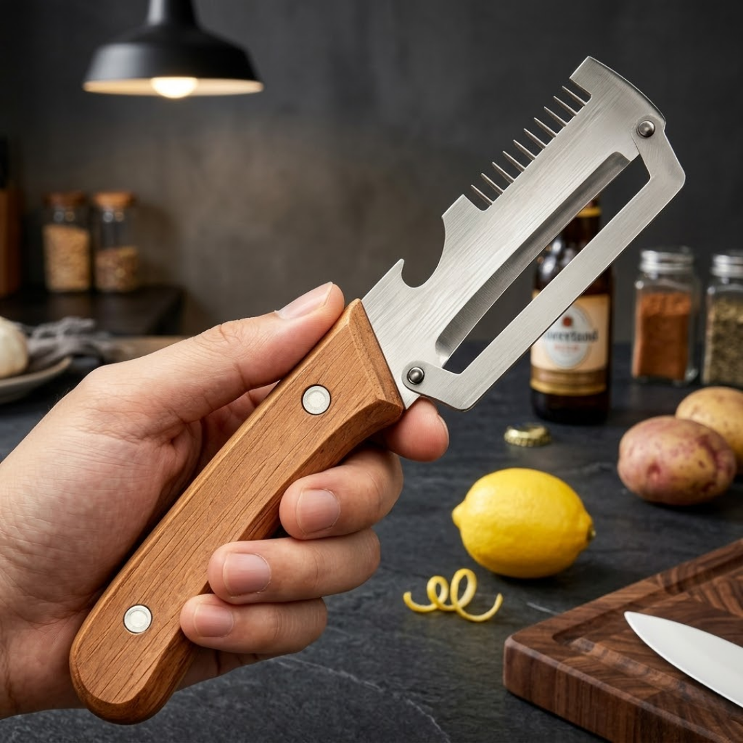 Ultimate 3-in-1 Stainless Steel Vegetable Peeler with Wooden Handle & Bottle Opener
