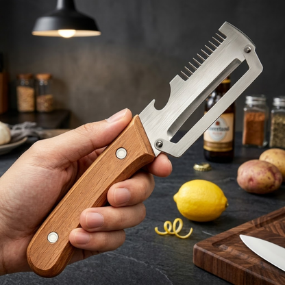 Ultimate 3-in-1 Stainless Steel Vegetable Peeler with Wooden Handle & Bottle Opener