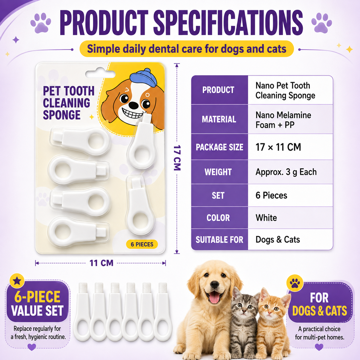 Nano Pet Toothbrush Sponge – Gentle Plaque & Tartar Remover for Dogs & Cats | Easy Wet-Wipe Bad Breath Eliminator