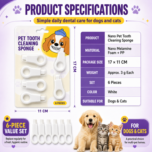 Nano Pet Toothbrush Sponge – Gentle Plaque & Tartar Remover for Dogs & Cats | Easy Wet-Wipe Bad Breath Eliminator