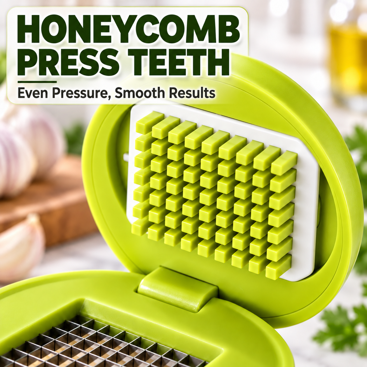 Compact Garlic Mincer Press with Stainless Steel Cutting Grid & Catch Bowl