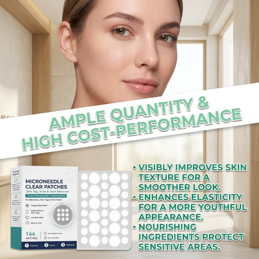 Flawless™ 3-in-1 Microneedle Clear Patches: Painless Skin Tag, Acne & Wart Remover (144 Count)