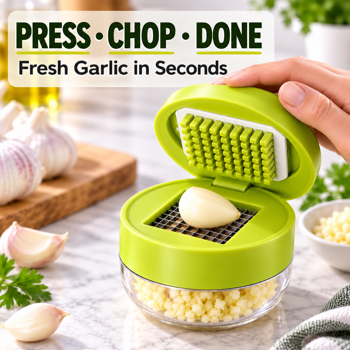 Compact Garlic Mincer Press with Stainless Steel Cutting Grid & Catch Bowl