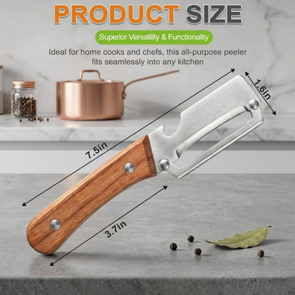 Ultimate 3-in-1 Stainless Steel Vegetable Peeler with Wooden Handle & Bottle Opener