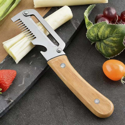Ultimate 3-in-1 Stainless Steel Vegetable Peeler with Wooden Handle & Bottle Opener