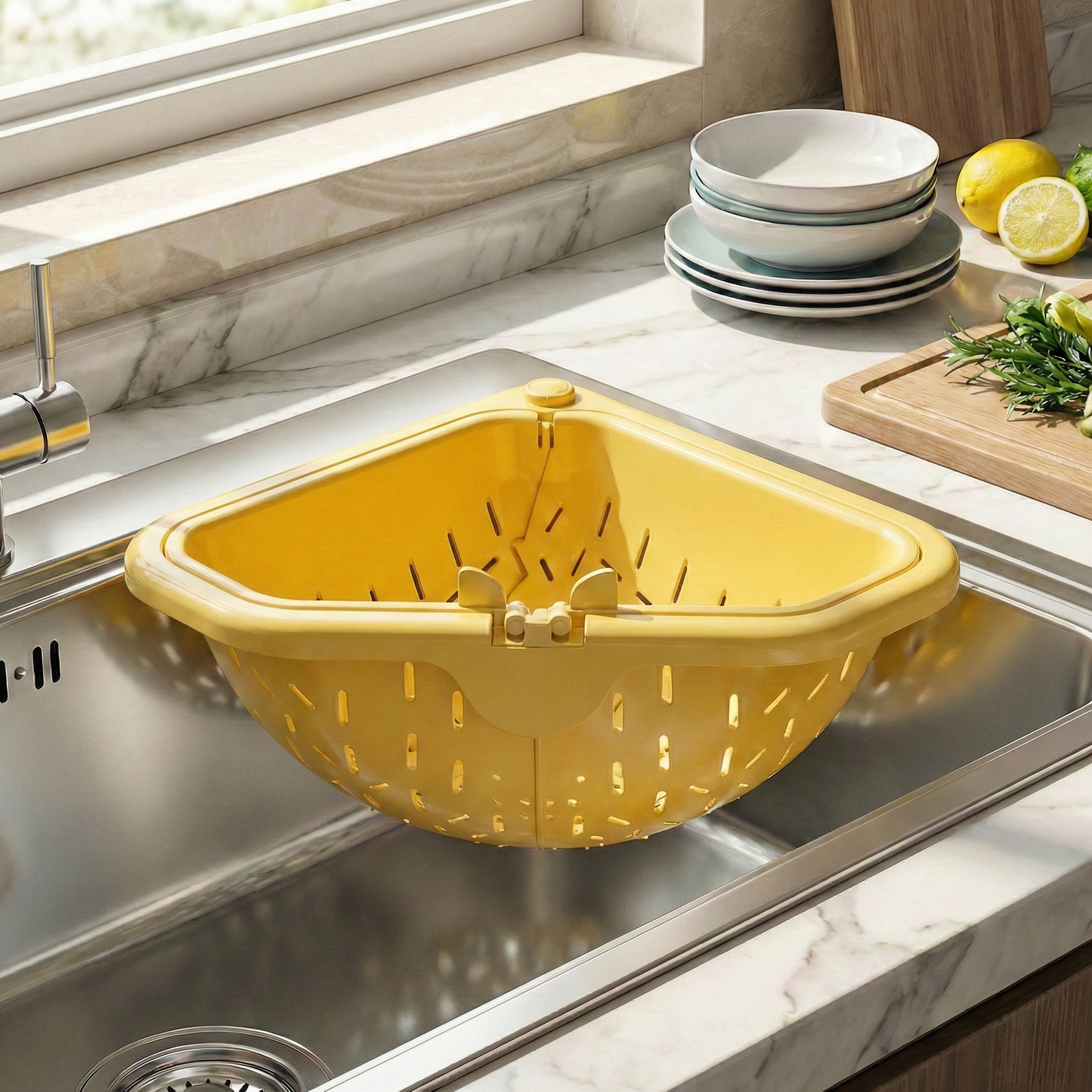 🔥MCOIKY® Magnetic draining triangular kitchen sink filter for storing food scraps, leftovers, and kitchen waste.