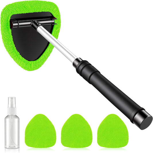 Windshield Cleaning Tool, Microfiber Car Window Cleaner with 4 Reusable and Washable Microfiber Pads and Extendable Handle
