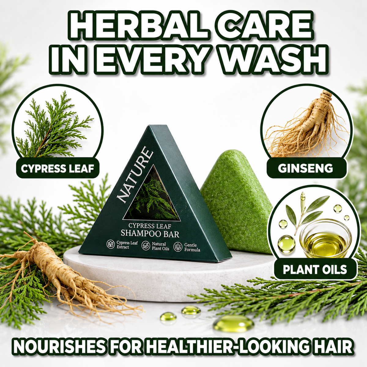 Nature’s Cypress Leaf Herbal Shampoo Bar | Handmade Plant-Based Formula for Thicker, Frizz-Free Hair