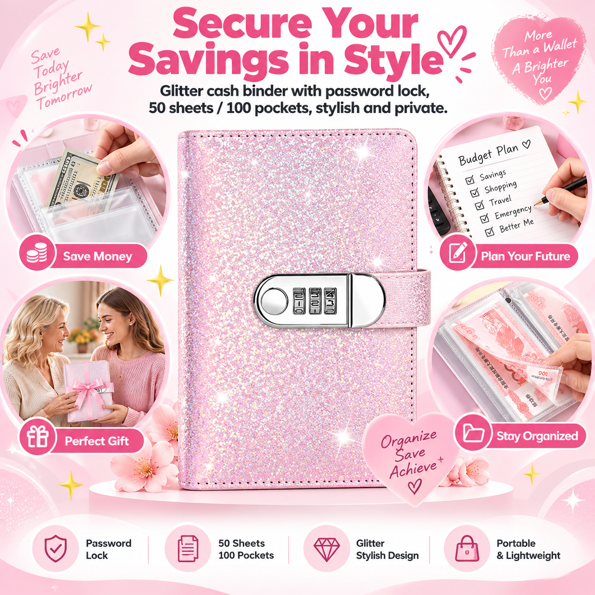 Glitter Password Lock Budget Binder