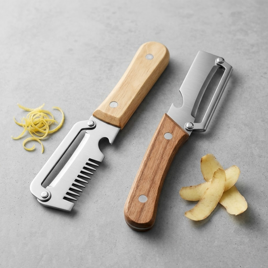 Ultimate 3-in-1 Stainless Steel Vegetable Peeler with Wooden Handle & Bottle Opener