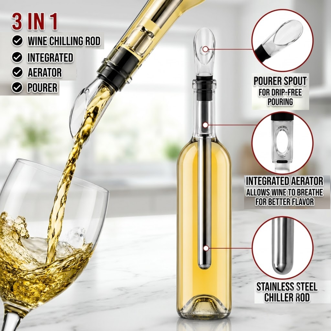 Premium 3-in-1 Stainless Steel Wine Chiller Stick with Built-in Aerator & Drip-Free Pourer – Instant Cooling for Home, Bar & Gifting