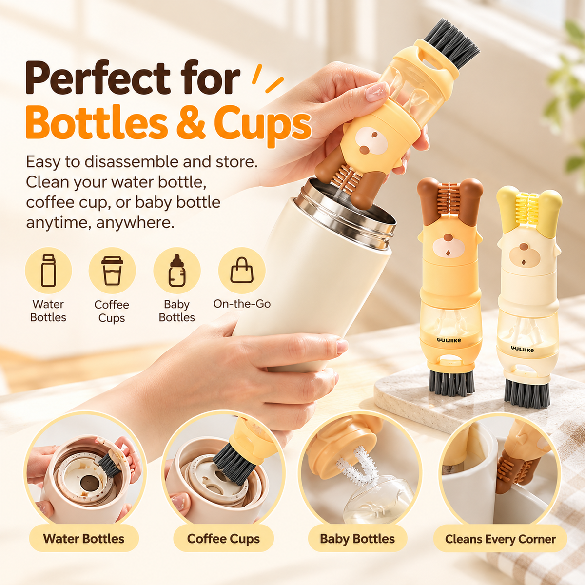 5-in-1 Bottle & Cup Cleaning Brush | Compact Multi-Use Cleaner