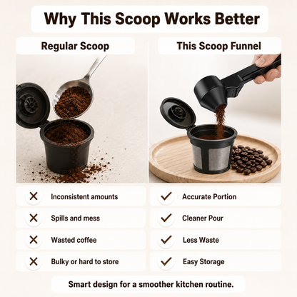 Smart Coffee Scoop with Built-in Funnel & Leveler | 2-Tbsp Precise Measure, Mess-Free Pouring & Long Handle | Ultimate Kitchen Accessory