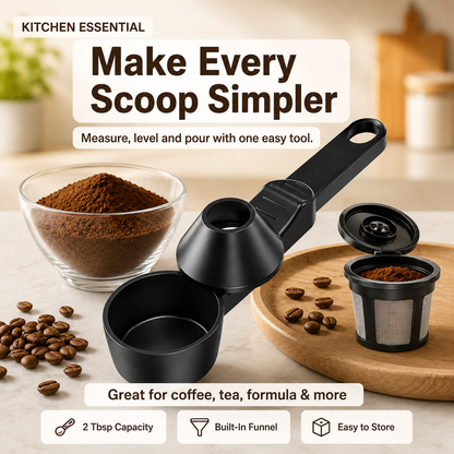 Smart Coffee Scoop with Built-in Funnel & Leveler | 2-Tbsp Precise Measure, Mess-Free Pouring & Long Handle | Ultimate Kitchen Accessory
