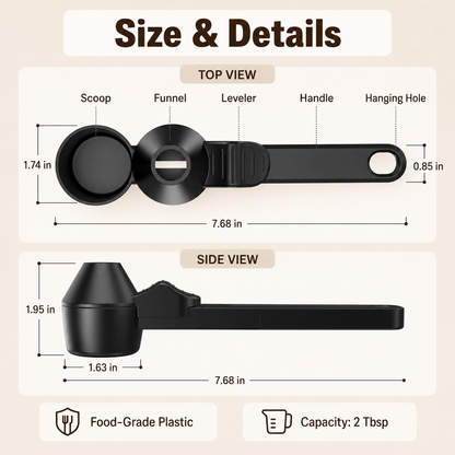 Smart Coffee Scoop with Built-in Funnel & Leveler | 2-Tbsp Precise Measure, Mess-Free Pouring & Long Handle | Ultimate Kitchen Accessory