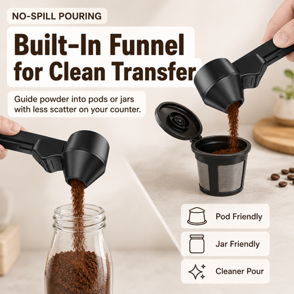 Smart Coffee Scoop with Built-in Funnel & Leveler | 2-Tbsp Precise Measure, Mess-Free Pouring & Long Handle | Ultimate Kitchen Accessory