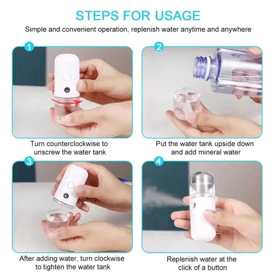 Portable USB-C Rechargeable Nano Mist Sprayer with 30ml Leak-Resistant Tank