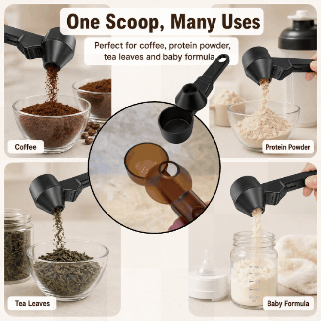 Smart Coffee Scoop with Built-in Funnel & Leveler | 2-Tbsp Precise Measure, Mess-Free Pouring & Long Handle | Ultimate Kitchen Accessory