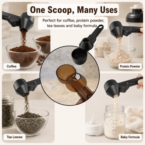 Smart Coffee Scoop with Built-in Funnel & Leveler | 2-Tbsp Precise Measure, Mess-Free Pouring & Long Handle | Ultimate Kitchen Accessory