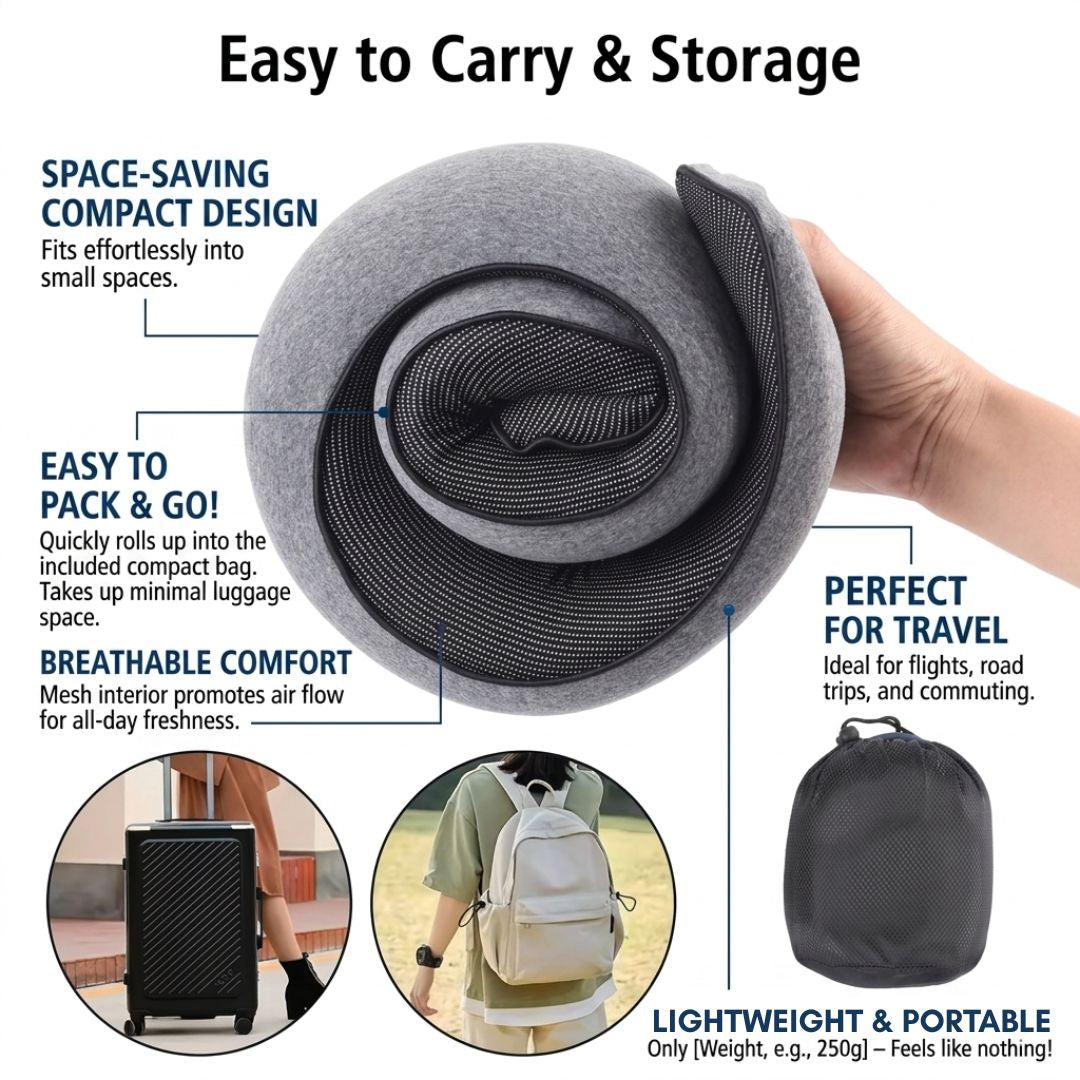 Compact Roll-Up Memory Foam Travel Neck Pillow With Storage Bag