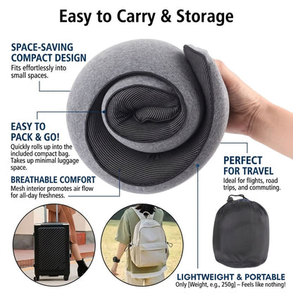 Compact Roll-Up Memory Foam Travel Neck Pillow With Storage Bag