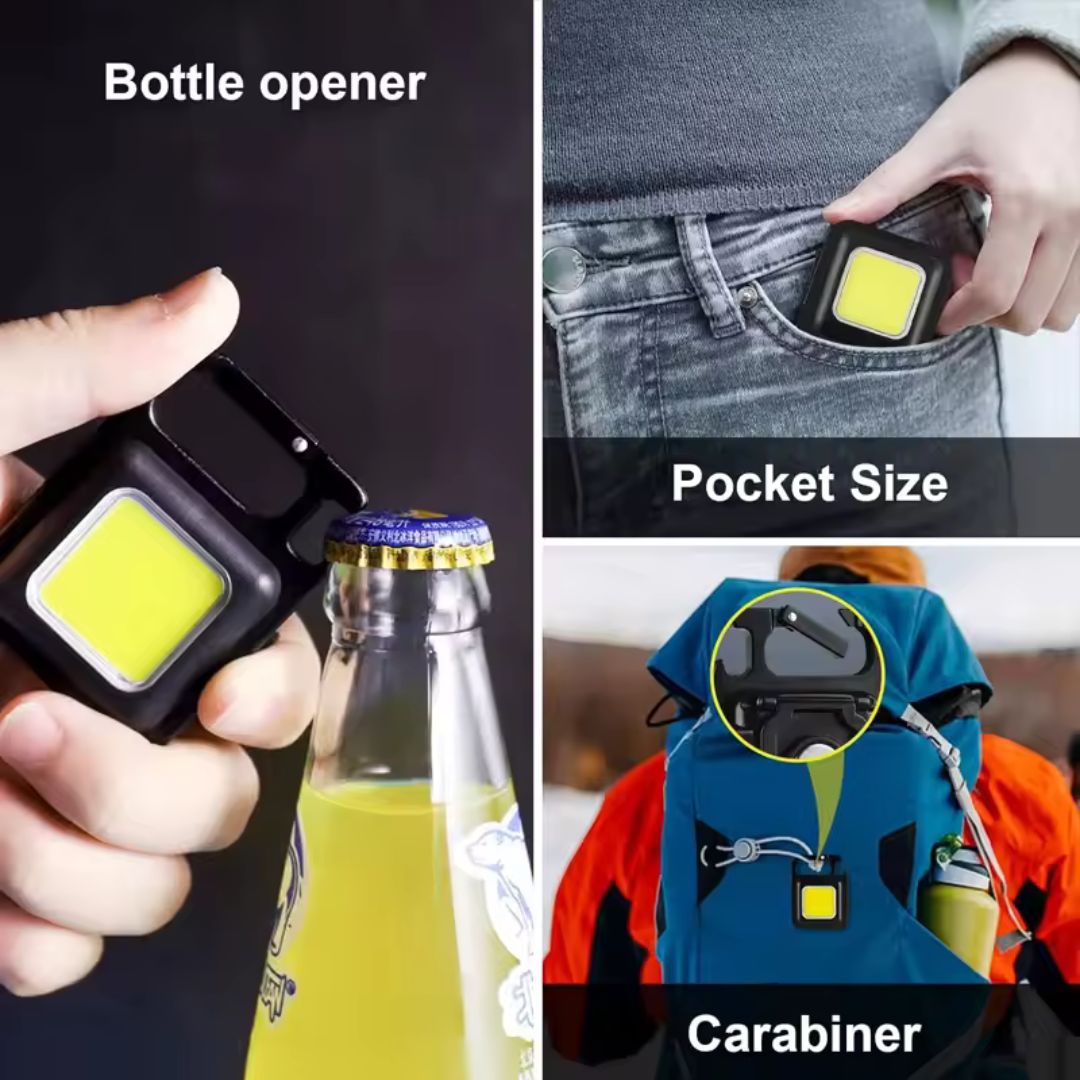 Portable Keychain Camping Light – 800 Lumens COB Work Light with Carabiner, Bottle Opener & Pocket Clip
