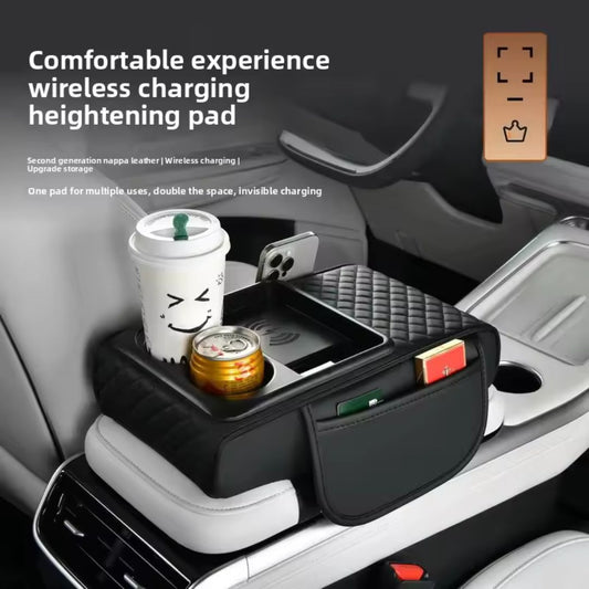 Wireless Charging Car Armrest Heightening Pad with Storage Organizer