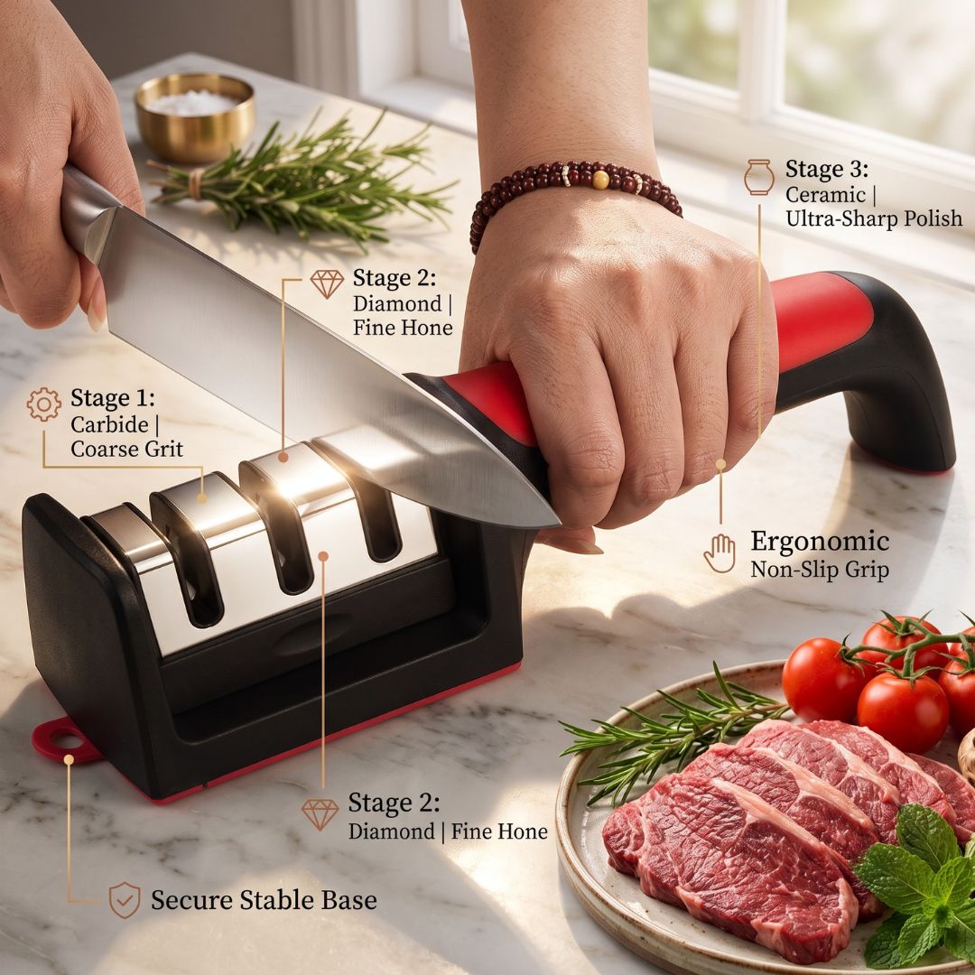 Multi-Stage Manual Knife Sharpener with Ergonomic Handle – Coarse, Fine & Honing Kitchen Blade System
