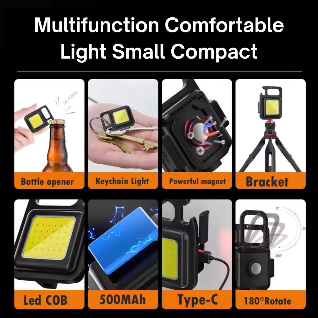 Portable Keychain Camping Light – 800 Lumens COB Work Light with Carabiner, Bottle Opener & Pocket Clip
