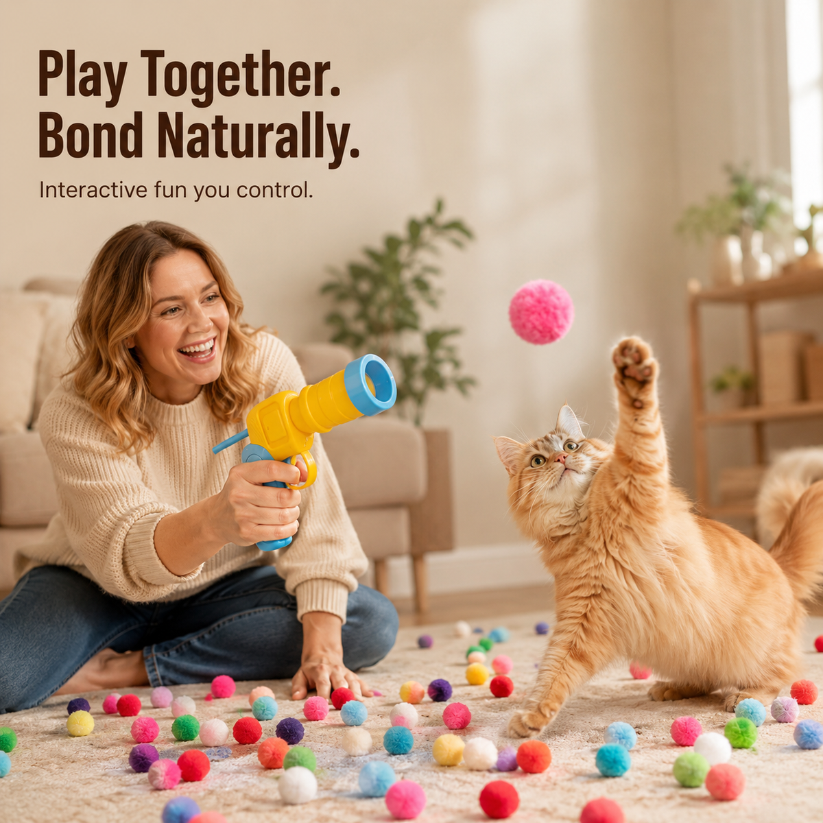 Interactive Pom-Pom Cat Launcher | Quiet Indoor Chase & Exercise Toy