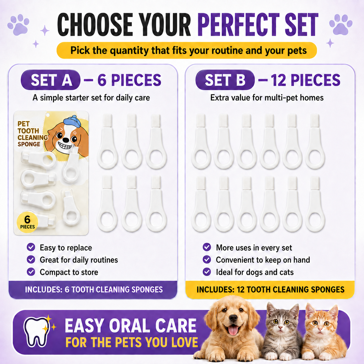 Nano Pet Toothbrush Sponge – Gentle Plaque & Tartar Remover for Dogs & Cats | Easy Wet-Wipe Bad Breath Eliminator