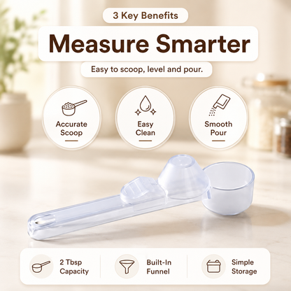 Smart Coffee Scoop with Built-in Funnel & Leveler | 2-Tbsp Precise Measure, Mess-Free Pouring & Long Handle | Ultimate Kitchen Accessory