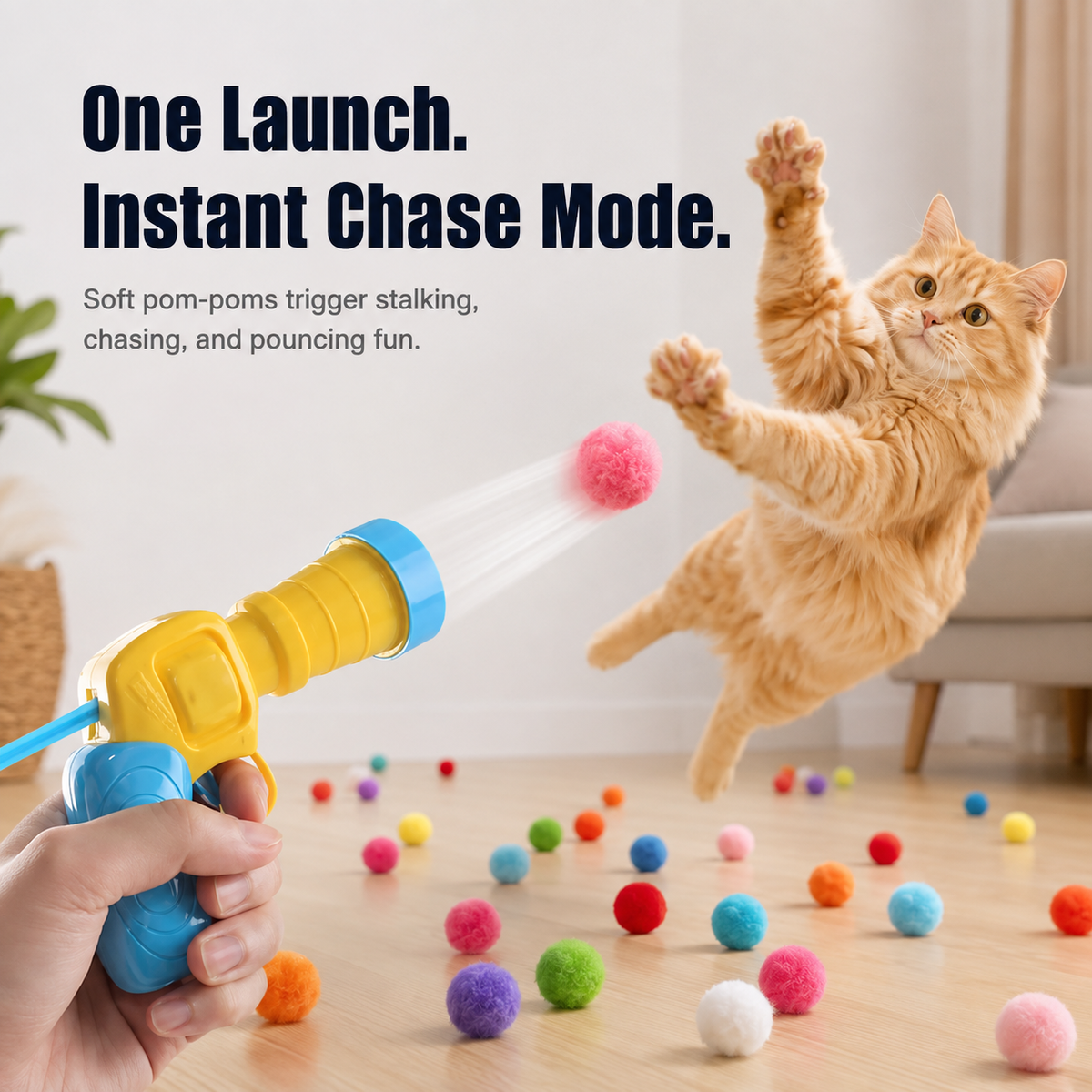 Interactive Pom-Pom Cat Launcher | Quiet Indoor Chase & Exercise Toy