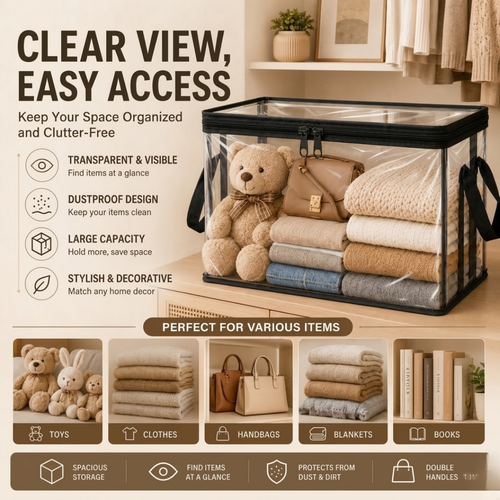 Clear PVC Book & Media Storage Box with Handle – Waterproof, Dustproof Stackable Organizer